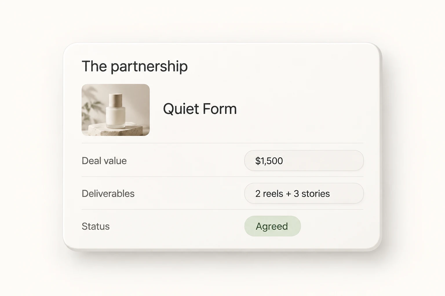 A neutral partnership brief showing the agreed value, deliverables, and status