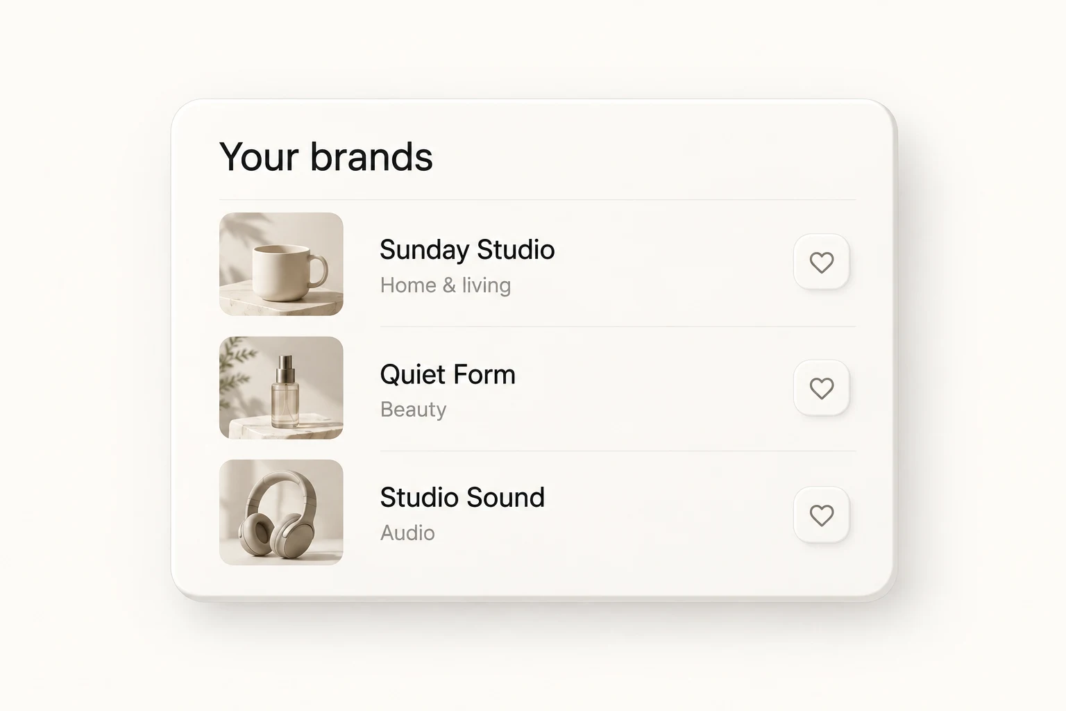 Neutral brand directory with lifestyle product photos and three brand profiles