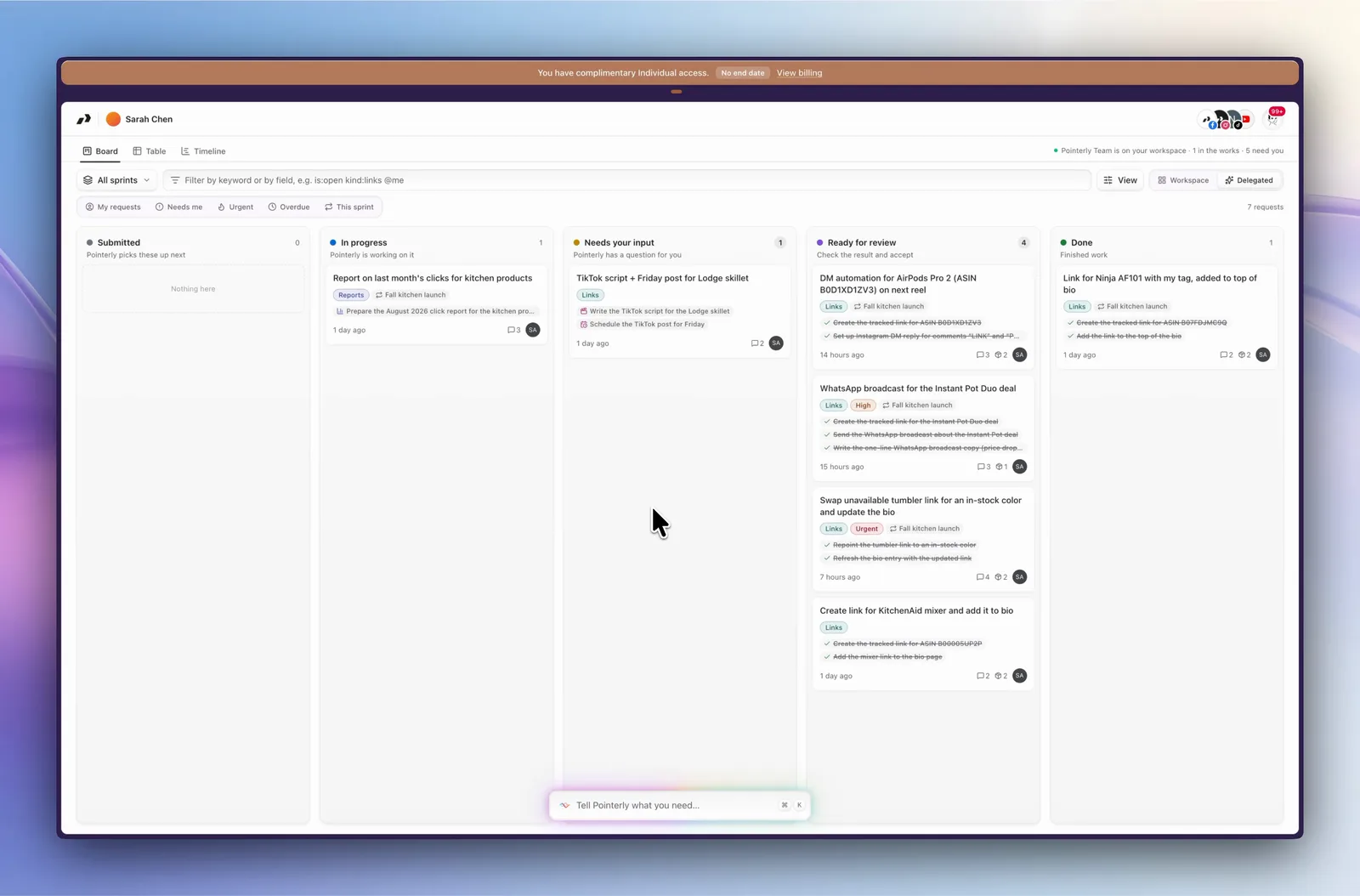 Delegated Workspace product screen with submitted requests, work in progress, input needed, review and completed work