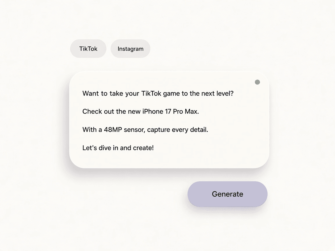 AI content draft card with platform chips and generate control