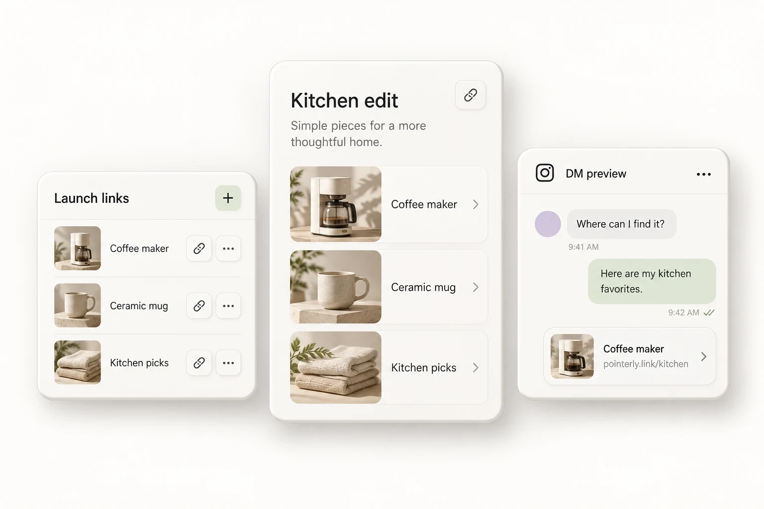 Illustrative launch kit with product links, a Kitchen edit bio page and a prepared Instagram DM reply