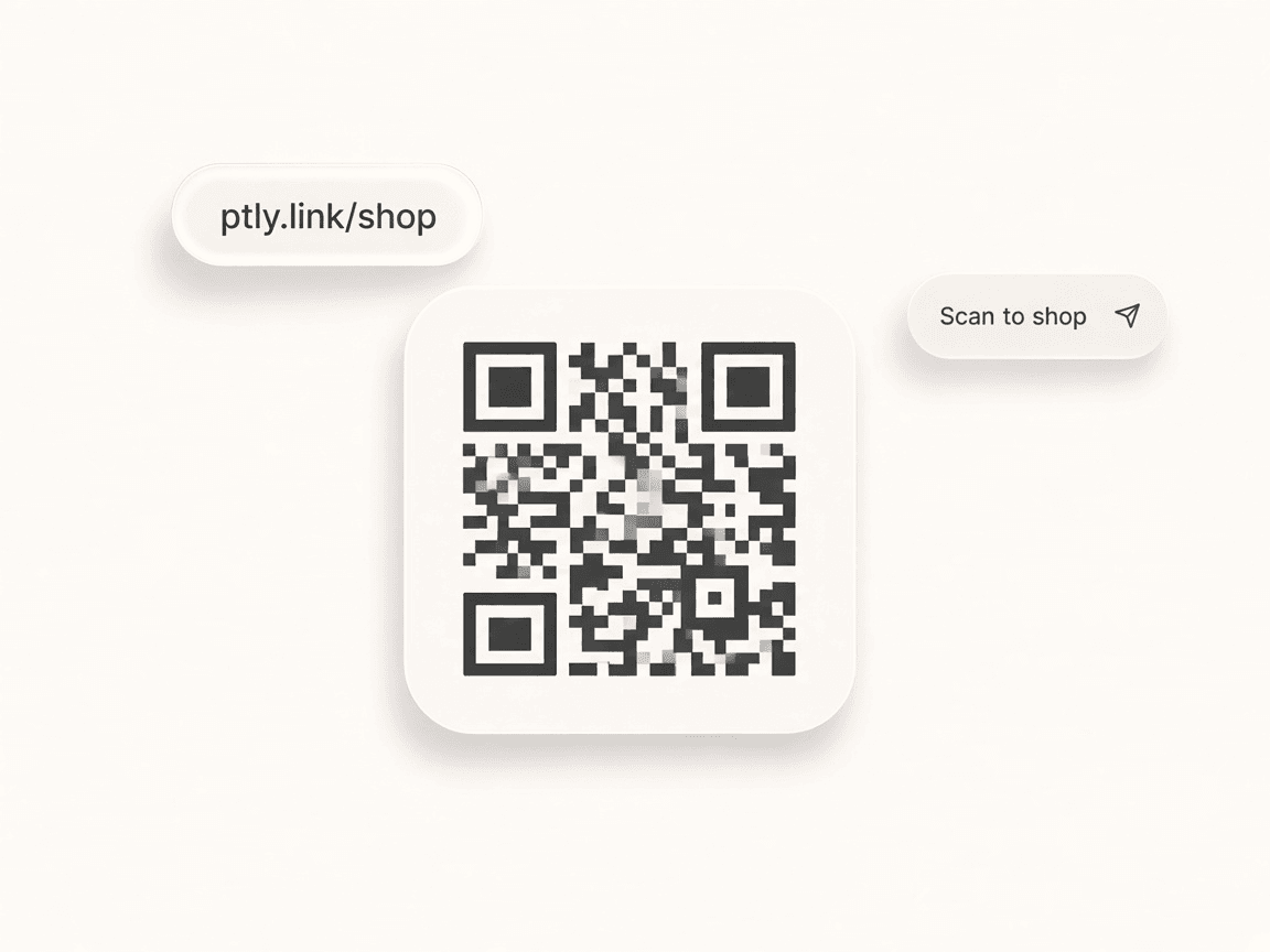 Dynamic QR tile with short URL chip and redirect pill