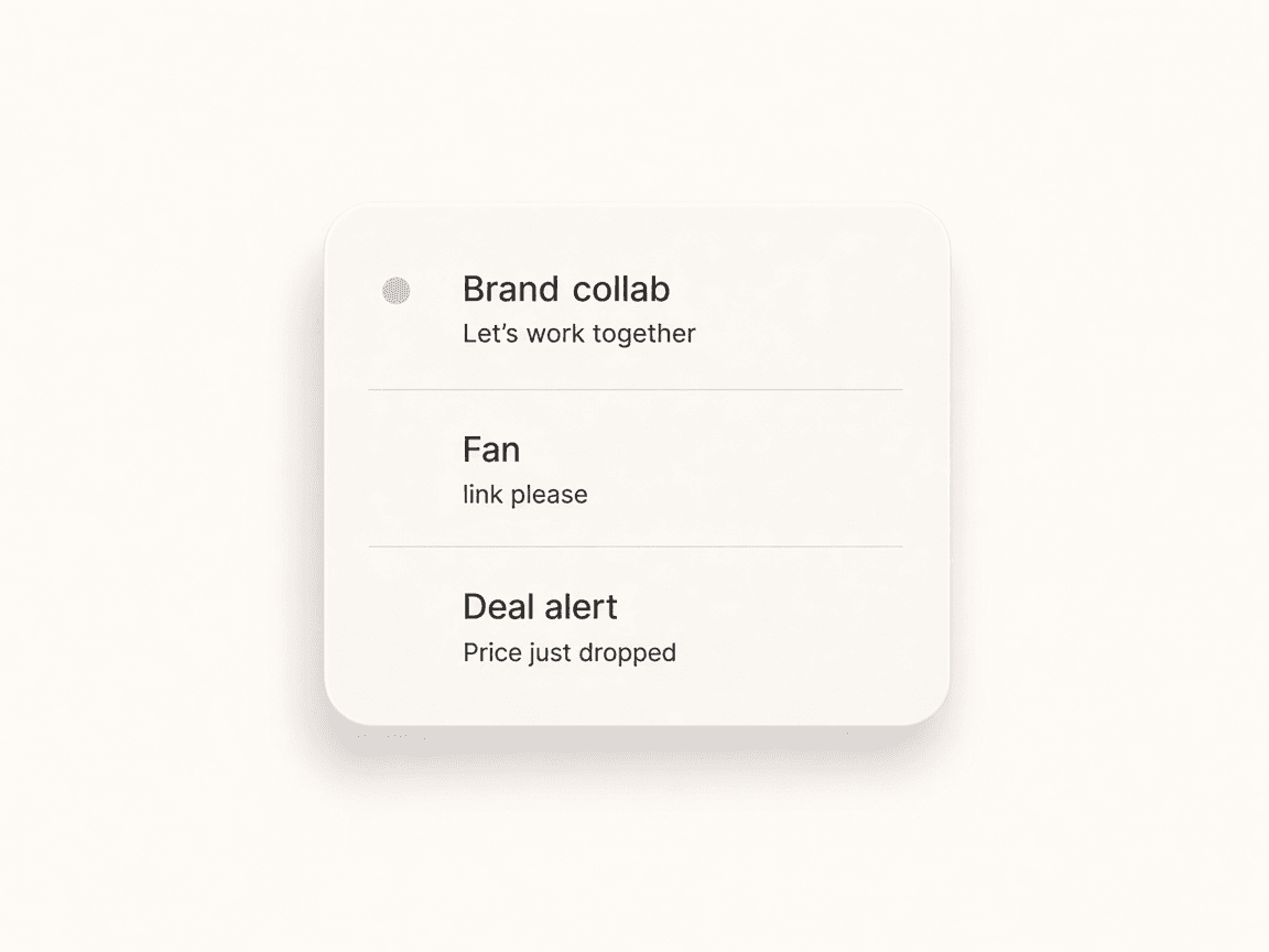 Inbox message cards with unread indicators and short previews